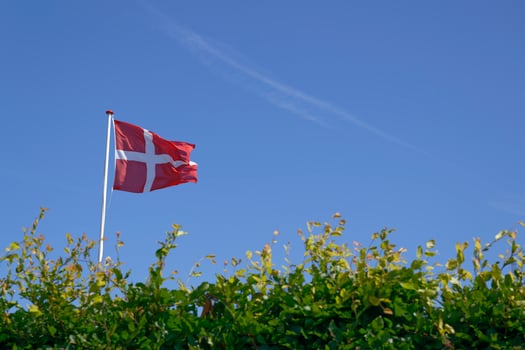 The Danish flag Dannebrog blows in the wind against a blue sky photo
