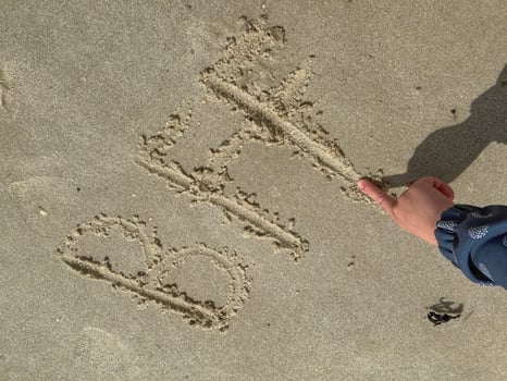 A hand of a child has written BFF Best Friends Forever in the sand on the beach of the North Sea coast photo