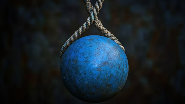 A blue ball hanging from a rope photo