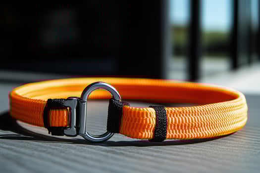 An orange nylon dog collar with a metal buckle photo