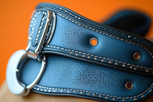 A close up of a blue leather belt with a silver buckle photo