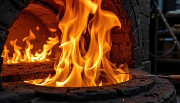 close up view of vibrant flames rising from a kiln, their intense heat visible as they illuminate the darkened workshop. photo