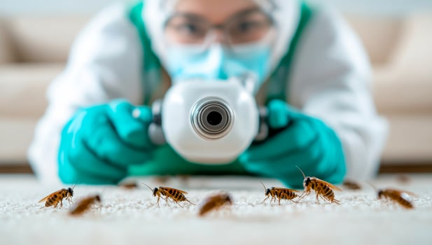 Pro pest control for roaches. A pest control expert targets cockroaches on the floor using a sprayer in a residential setting. photo