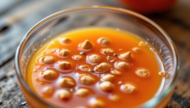 close up view of tamarillo seeds floating in bright orange pulp in a glass bowl. photo