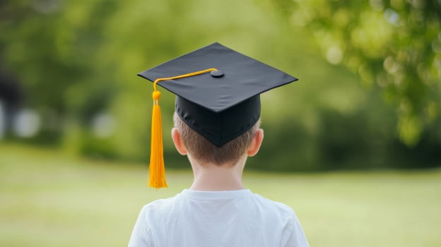Child celebrating graduation in a park. A young boy stands proudly in a park wearing a graduation cap and reflecting on his academic journey. photo