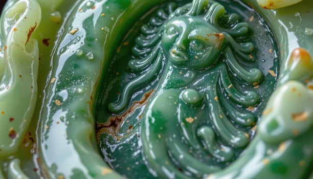 close up view of a polished nephrite jade carving with semi translucent green smoothness. photo