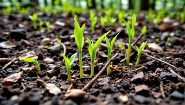 close up view of young bamboo shoots emerging from the forest floor in moist soil. photo