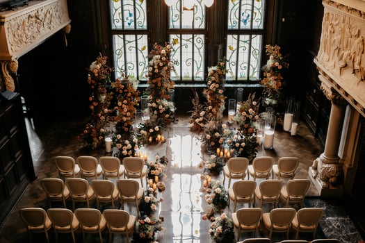 Elegant wedding venue with floral arrangements in historic building photo