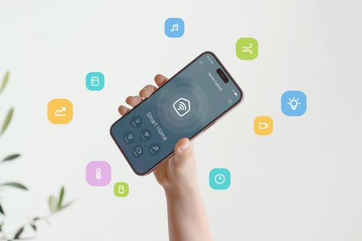 Smart home interface featuring multiple home automation functions visualized through bright graphic elements flying around phone photo