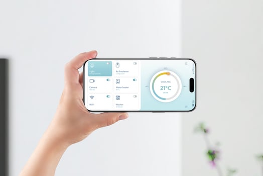 Horizontal smartphone view with smart home dashboard showing cooling, camera, and device status photo