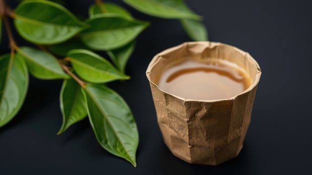 Rustic Paper Cup, Verdant Leaves, Dark Background photo