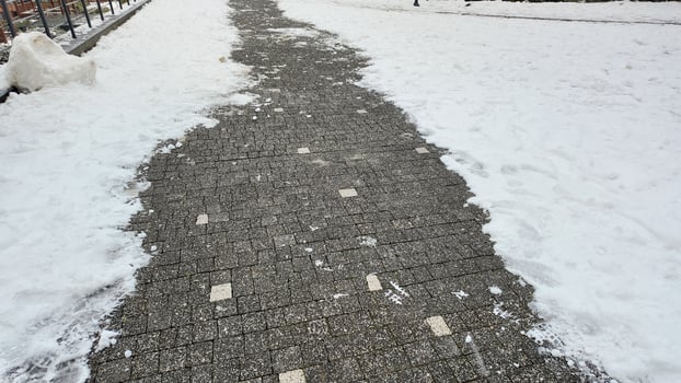 Snow covered pathway leads through a winter landscape photo