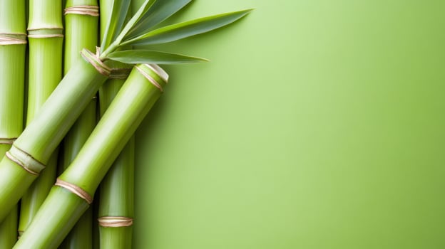 Green bamboo stalks and leaves arranged on green background photo