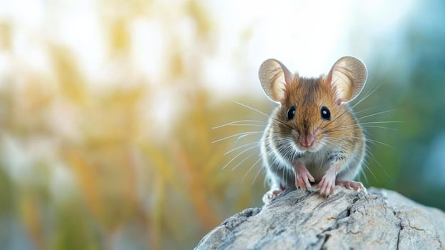 Cute Mouse On Tree Stump In Natural Habitat. Wildlife And Nature Photography photo