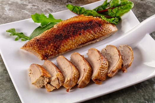 A plate with sliced chicken and greens photo