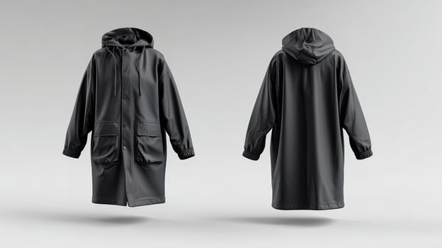 Stylish black raincoat displayed in an artistic angle on a neutral background photo