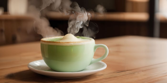 Steaming hot matcha latte in a green ceramic cup, captured with rising steam to emphasize warmth and comfort. photo