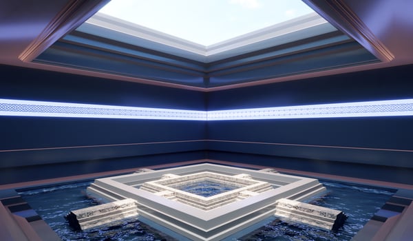 Square room with well in the center and a platform for placing goods. 3D illustration photo