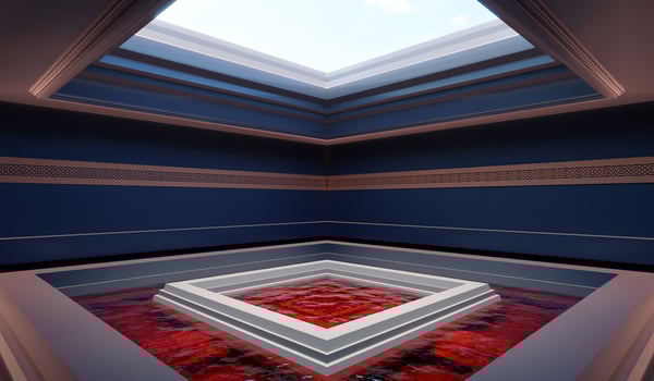 Square room with a well in center and a platform for placing goods. 3D illustration photo