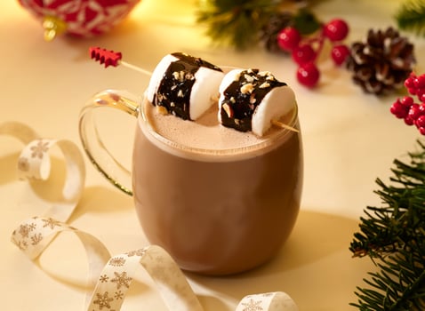 Cozy Hot Chocolate with Rocky Road Marshmallows with chocolate sauce and sprinkled with nuts in glass mug side view of Festive Winter Drink photo