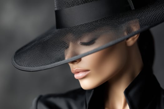 Elegant woman in a wide-brimmed black hat showcases fashion artistry photo