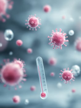 Virus Icons Appearing Near a Blurred Tissue Box and Thermometer in a Calming, Clinical Setting Highlighting Health Concerns photo