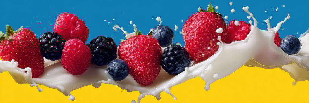 Assorted Berries Splashing in Milk Create a Vibrant Pop Art Scene With Bright Colors photo