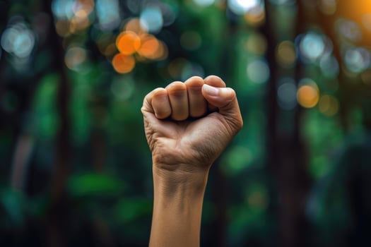 A fist is raised in the air in front of a forest photo
