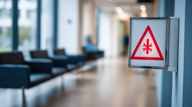 Hospital Waiting Room With Cold Warning Signage Visible on the Left Side and Blurred Seating Area Beyond photo