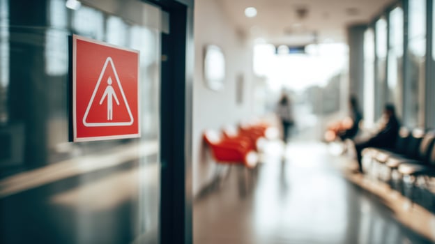 Hospital Waiting Room Showing Blurred Background and Cold Warning Signage Near Open Left Side photo