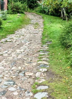 An old country winding road, paved with cobblestones, passes in the midst of thickets of bushes and grass, a vertical photo