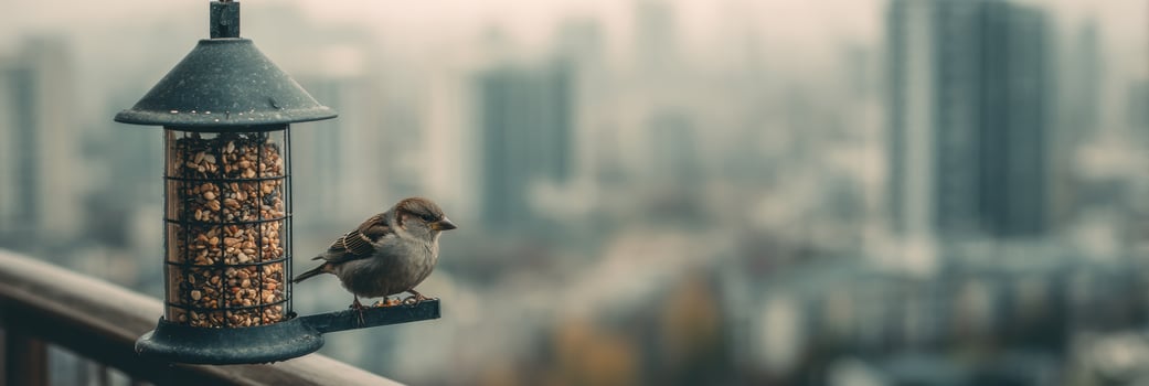 Bird Feasting on Seeds From Modern Feeder on Balcony Overlooking a Blurred Cityscape photo