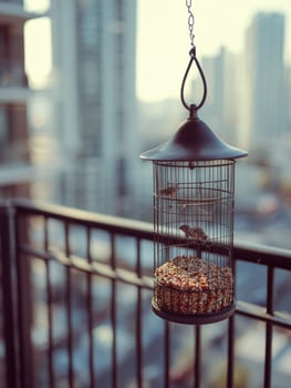 Bird Enjoying Seeds From Stylish Feeder on Balcony Overlooking Cityscape at Dawn photo
