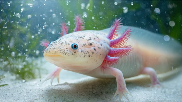 Colorful Axolotl Swims Gracefully in a Clean Aquatic Environment Filled With Light Bubbles and Clear Sand photo