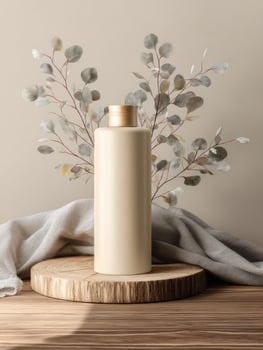 Elegant Beige Cylindrical Bottle Mockup Displayed on Wooden Surface With Minimalist Branch Decor and Soft Textiles in a Serene Setting photo