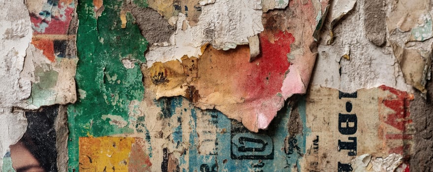 Weathered wall with peeling paint and fragments of old posters, creating a gritty urban aesthetic. photo