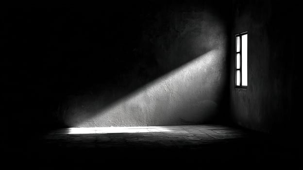 Light streams through a window, illuminating a dark and textured room. photo
