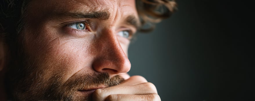 A thoughtful man looks to the side with a serious, concerned expression. photo