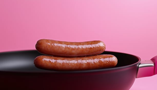 Failed brunt over cook meat sausages on black iron frying pan with pink background photo