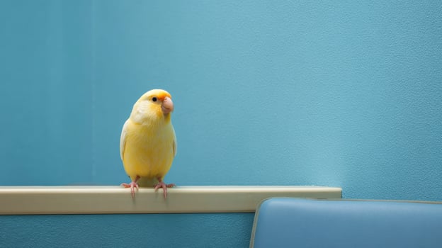 Bright Yellow Bird Perched Calmly Inside Veterinary Office With Clean Surroundings and Ample Space for Potential Activity photo