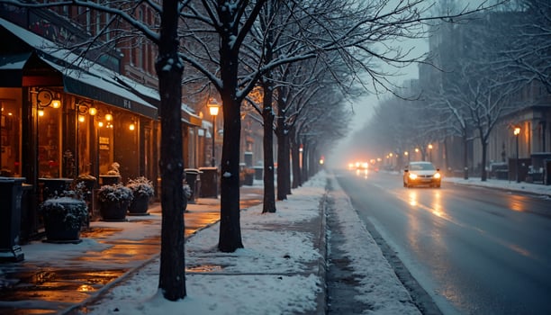Snow-Covered City Street with Buildings, Trees and Car photo