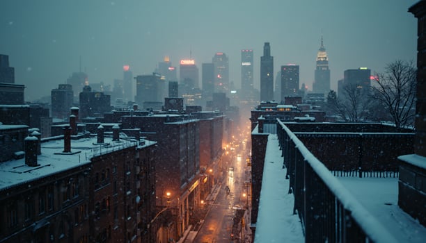 Snowy Cityscape with Buildings and Street. photo