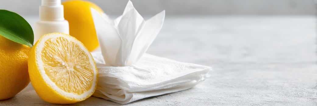 Close-up of Refreshing Lemon, Tissues, and Nasal Spray on a Clean Surface, Ideal for Cold Care and Wellness Routines photo