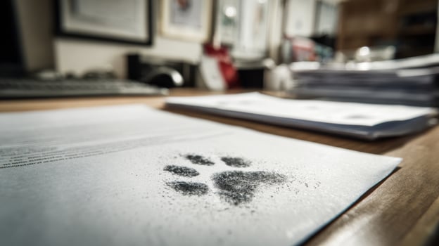 Paw Print Left on Clean Paperwork With a Tidy Desk and Office Environment in the Background photo