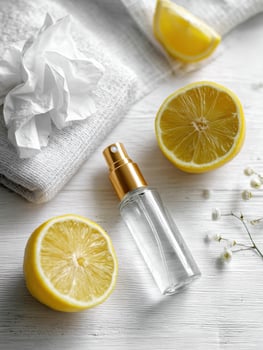 Close-up of Nose Spray, Tissues, and Lemon on White Surface for Allergy Relief and Wellness photo