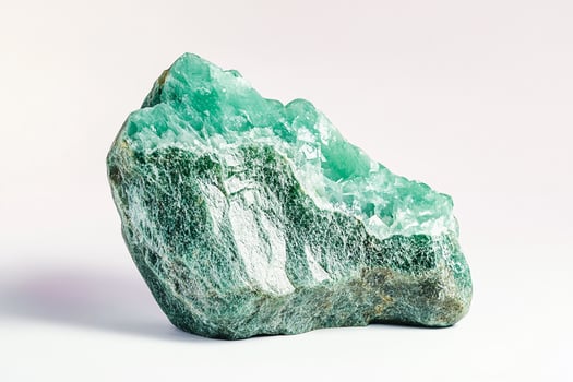 Close up shot of a raw green fluorite mineral stone against a white background surface view photo