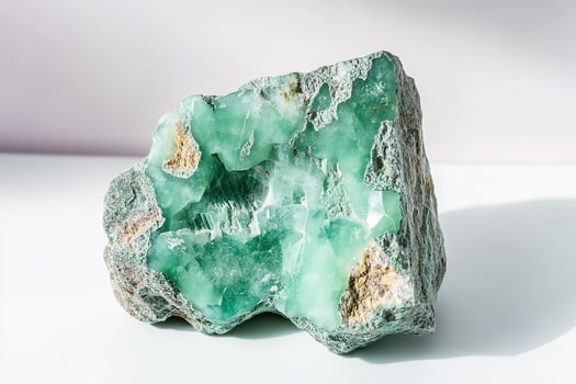 A close up shot of a raw chrysoprase stone with green and brown hues on a white surface photo