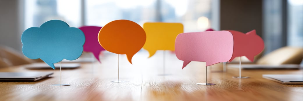Colored Speech Bubbles Create an Engaging Discussion Atmosphere Over a Conference Table in a Modern Office Setting photo