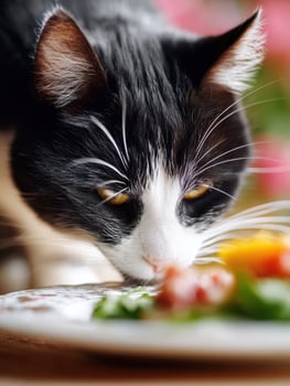 Curious Cat Exploring Gourmet Food on a Delicate Porcelain Dish in a Softly Blurred Setting photo