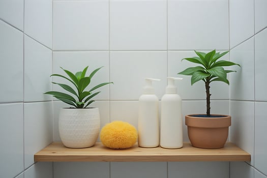 Three potted plants and a bottle of shampoo on a shelf photo